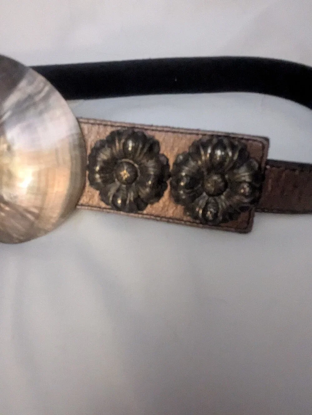 Women's Metallic Bronze Leather Statement Belt Mother Of Pearl Shell Rosette Buc